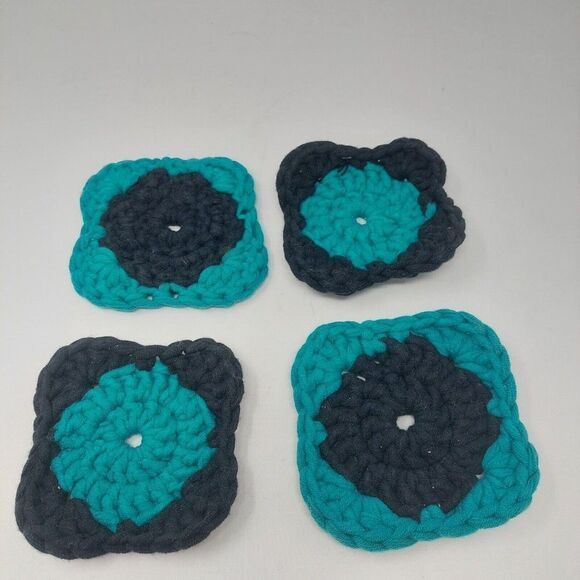 Handmade Crochet Coasters Teal Blue And Black Set Of 4 Square Coasters - Picture 1 of 6